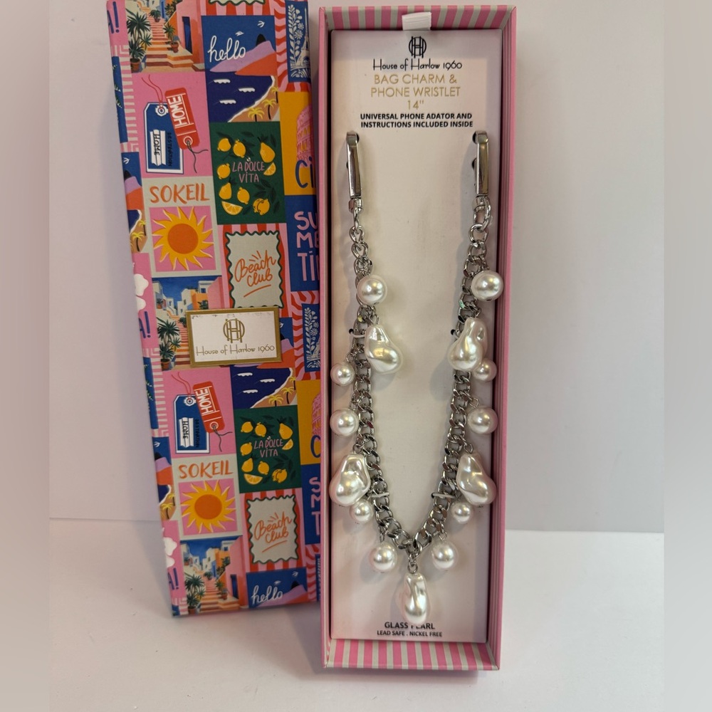 House of Harlow 1960 Silver Bag Charm & Phone Wristlet 14”